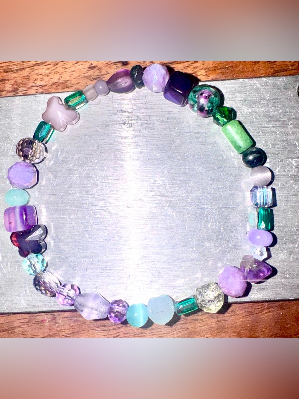 Handmade Purple & Green Beaded Stretch Bracelet - Women Jewelry unique beads.
